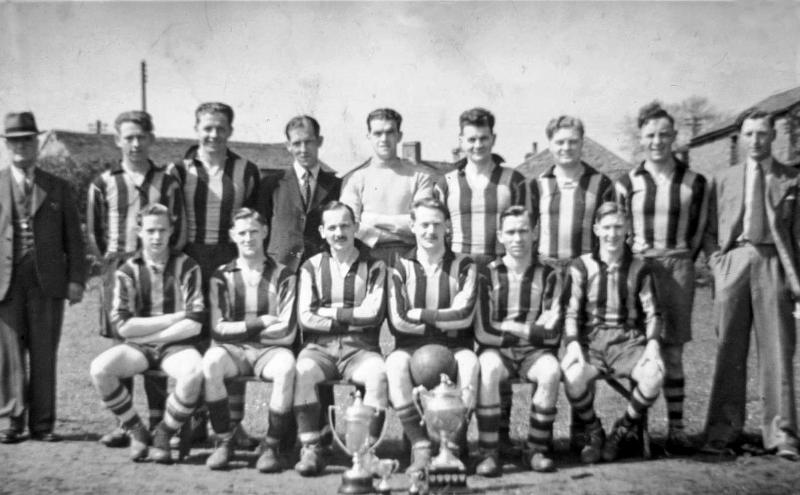 Football Team 1948-9.JPG - Football Team  1948 & 1949  Back row:    Mr Brown -  R.Bicknell   -   Tom Clay     - Jim Metcalf  ( Manager )   -  (Stan)J.Loveridge  -  H.Popay  -  H.Wallace  -  D.Humphreys  -  Joe Whitehead  Front row:     J.Gane   -   K.Robinson   -    W.Proctor    -  Frank Irving    -    K.Cox     -   W.Rogerson